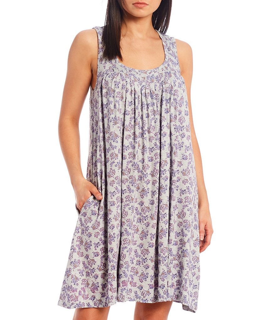 Papinelle Floral Print Pleated Sleeveless Modal Pocket Knit Nightgown