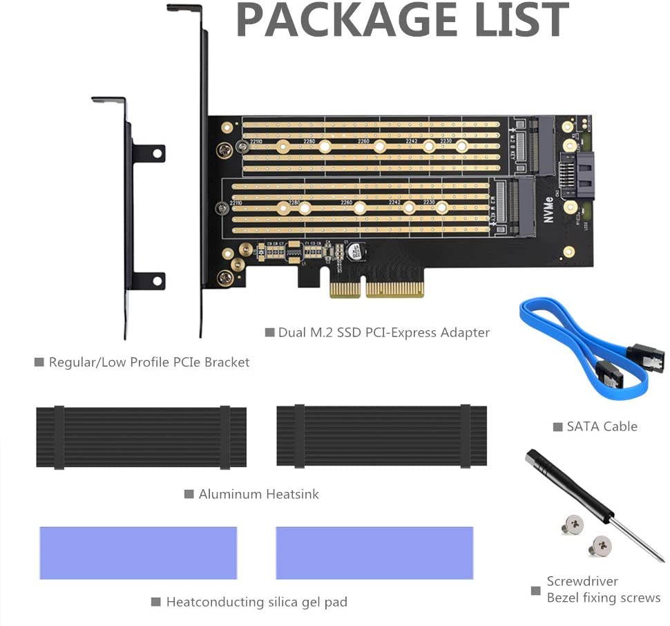 Dual M.2 PCIE Adapter for SATA or PCIE NVMe SSD with Advanced Heat Sink Solution,M.2 SSD NVME (m Key) and SATA (b Key) 22110 2280 2260 2242 2230to PCI-e 3.0 x 4 Host Controller Expansion Card