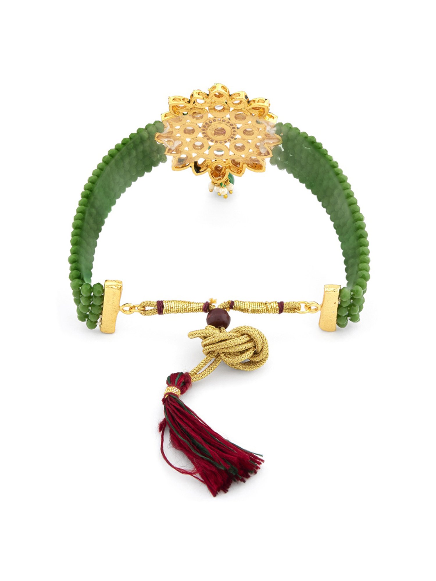 Zaveri Pearls Green Multistrand Beaded Kundan Necklace, Earring, Maangtikka & Ring Set