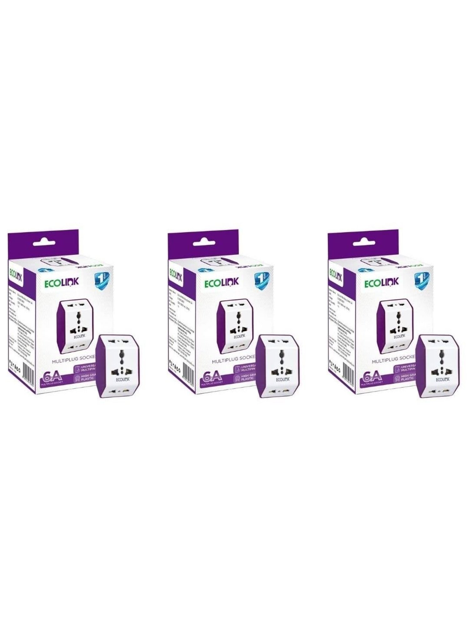 EcoLink Multiplug Socket 6A - Pack of 3 (White & Purple)