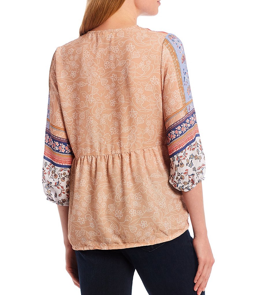 One World Apparel Mixed Floral Border Print Woven V-Neck 3/4 Sleeve Babydoll Top