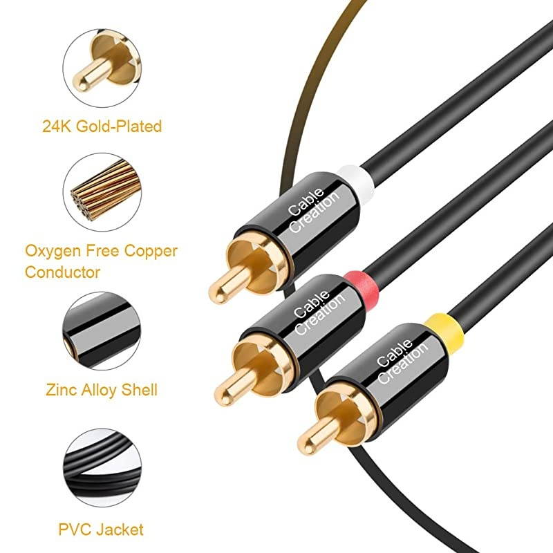 RCA Cable 6FT  3RCA to 3RCA Composite Video Audio AV Y Splitter Cable Compatible with SetTop Box Speaker Amplifier DVD Player 24K Gold Plated Connector