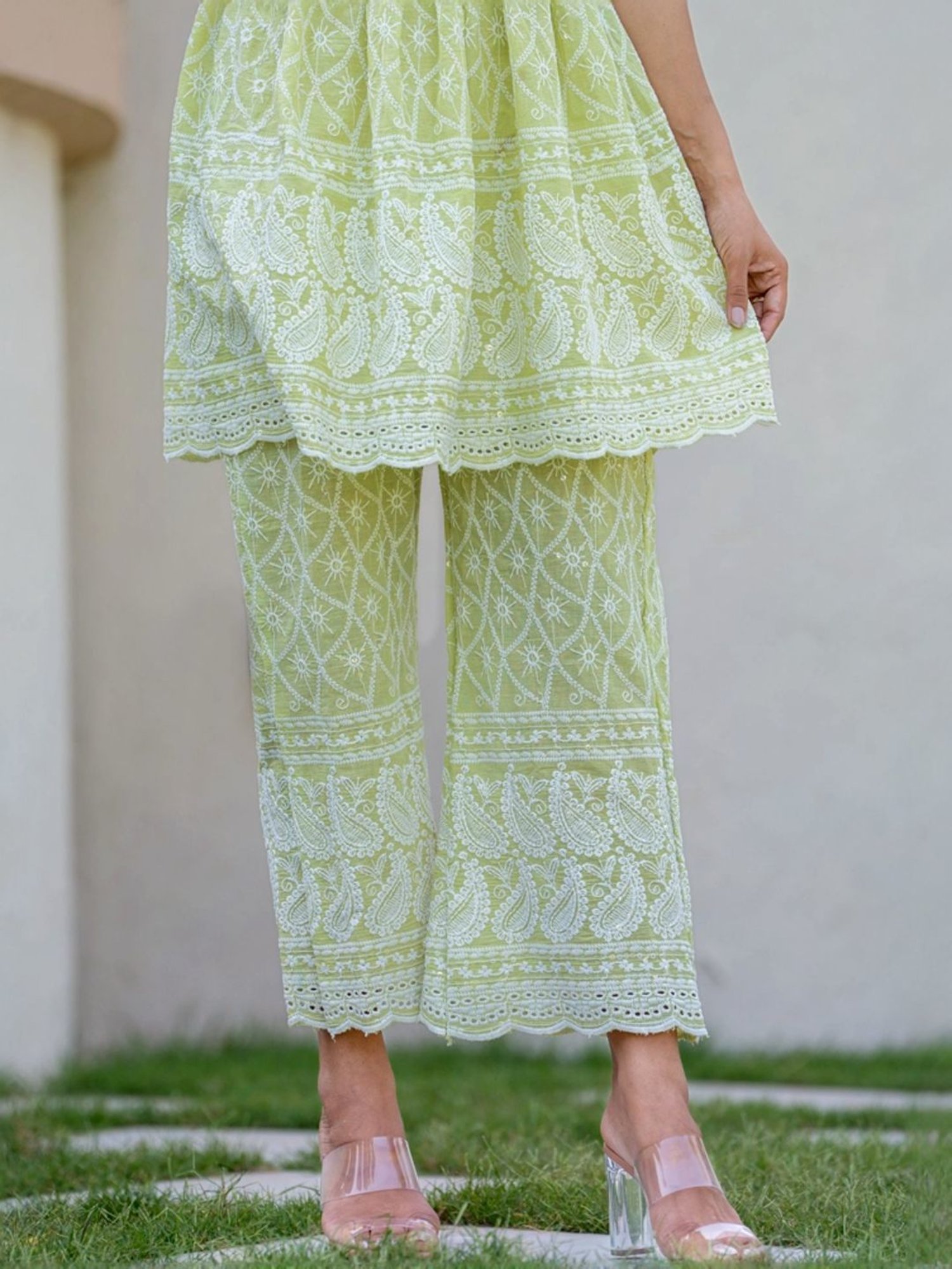 HOUSE OF JAMOTI Green Cotton Embroidered Tunic Pant Set