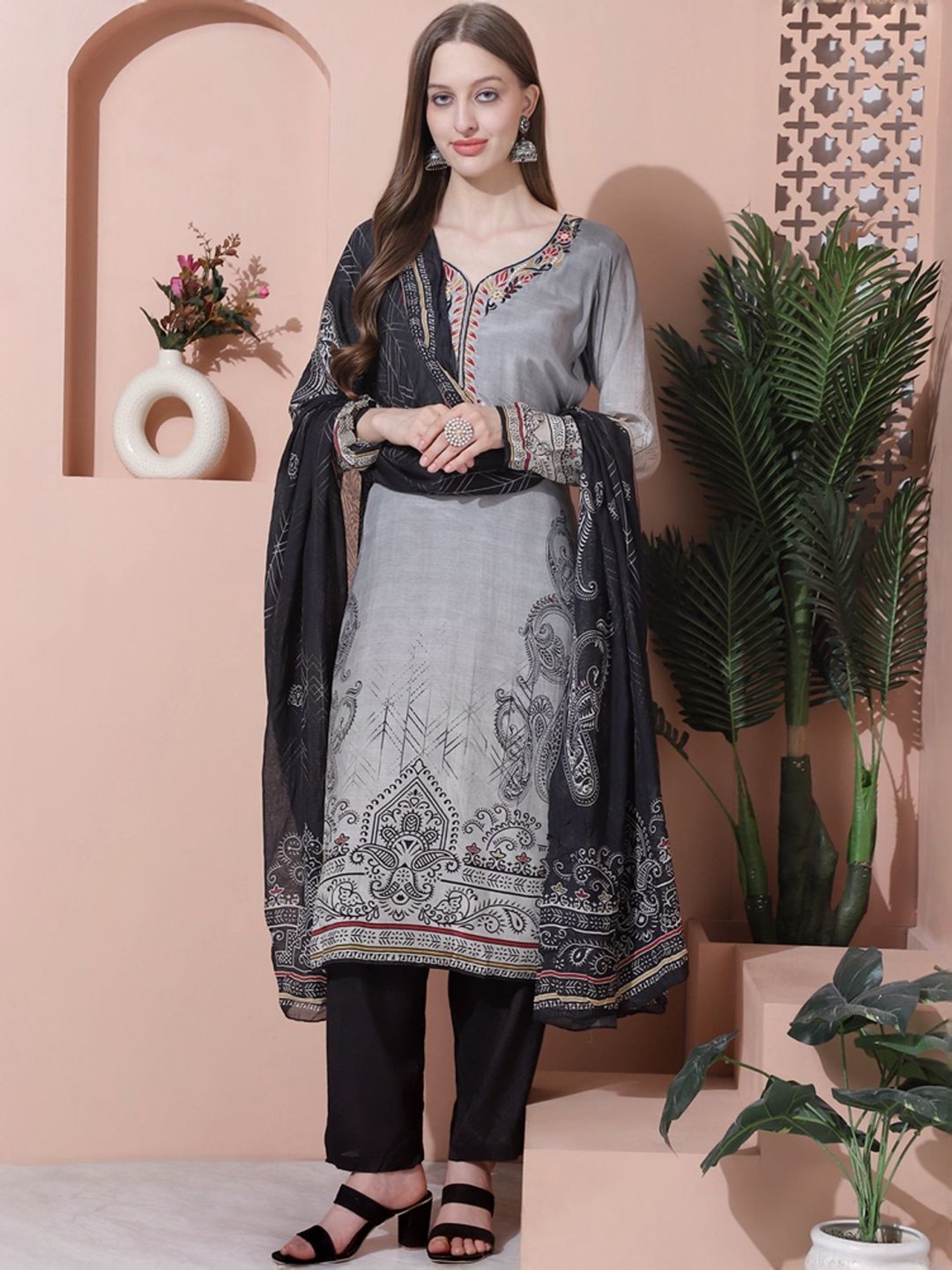 Stylee LIFESTYLE Grey Embroidered Unstitched Dress Material
