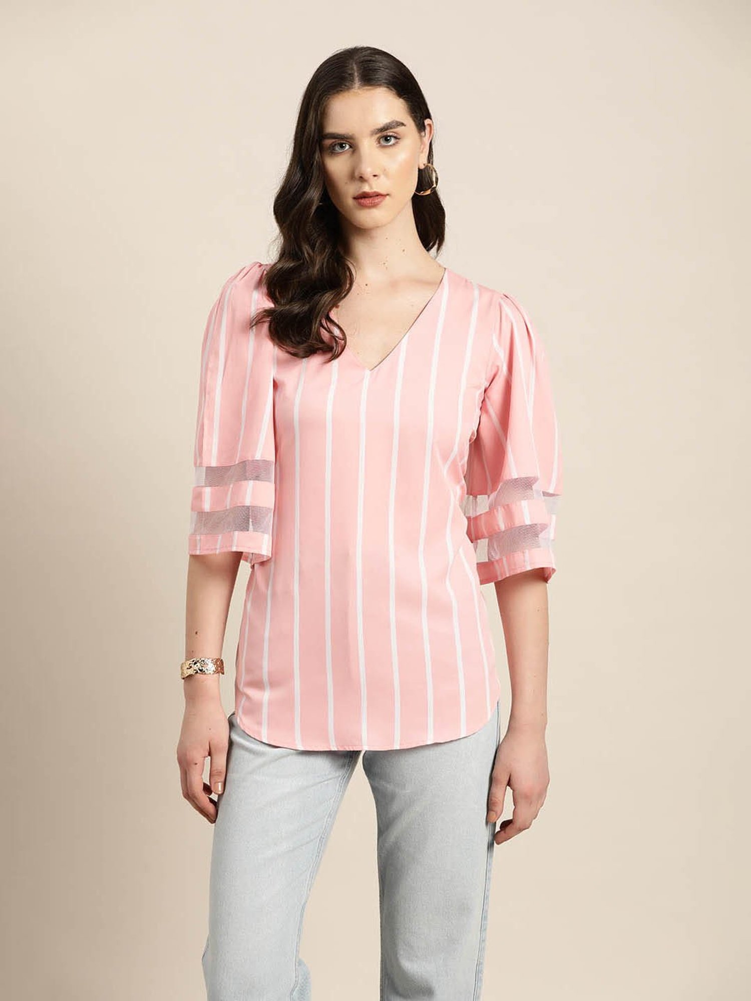 Qurvii Pink & White Striped Top