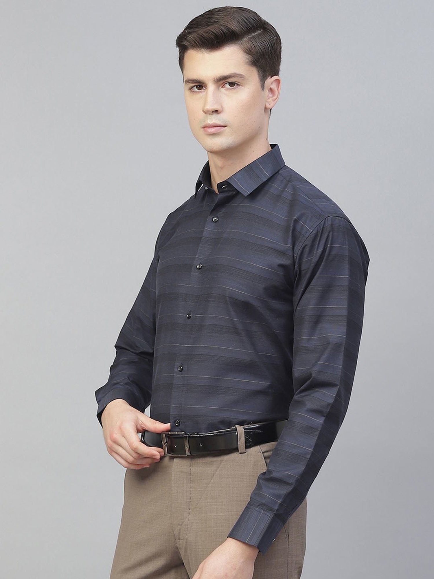 ManQ Navy Regular Fit Striped Shirt