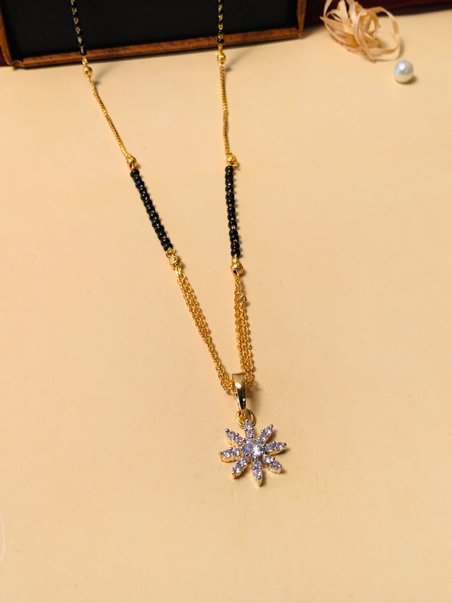 Abdesigns Gold-Plated American Diamond & Black Beaded Mangalsutra
