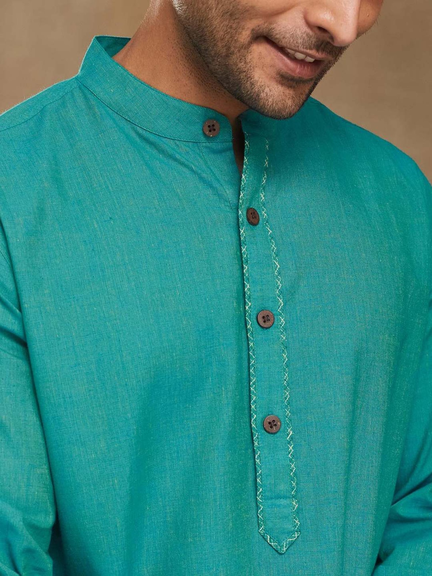 Fabindia Turquoise Cotton Slim Fit Kurta
