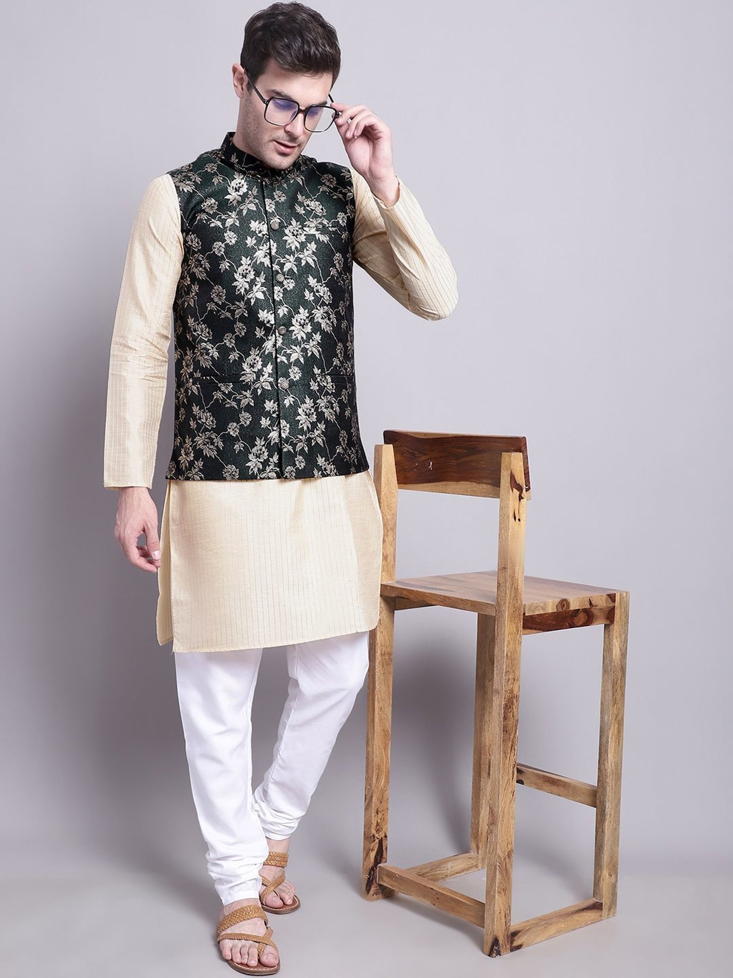 Jompers Dark Olive Regular Fit Printed Nehru Jacket