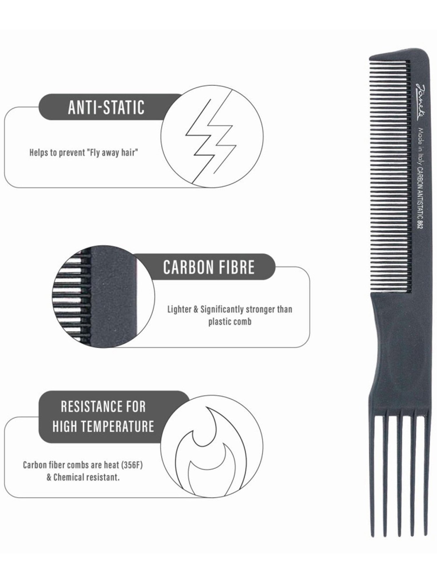 Janeke 1830 Professional Tous Types Teasing Carbon Fibre Hair Comb - 21 cm