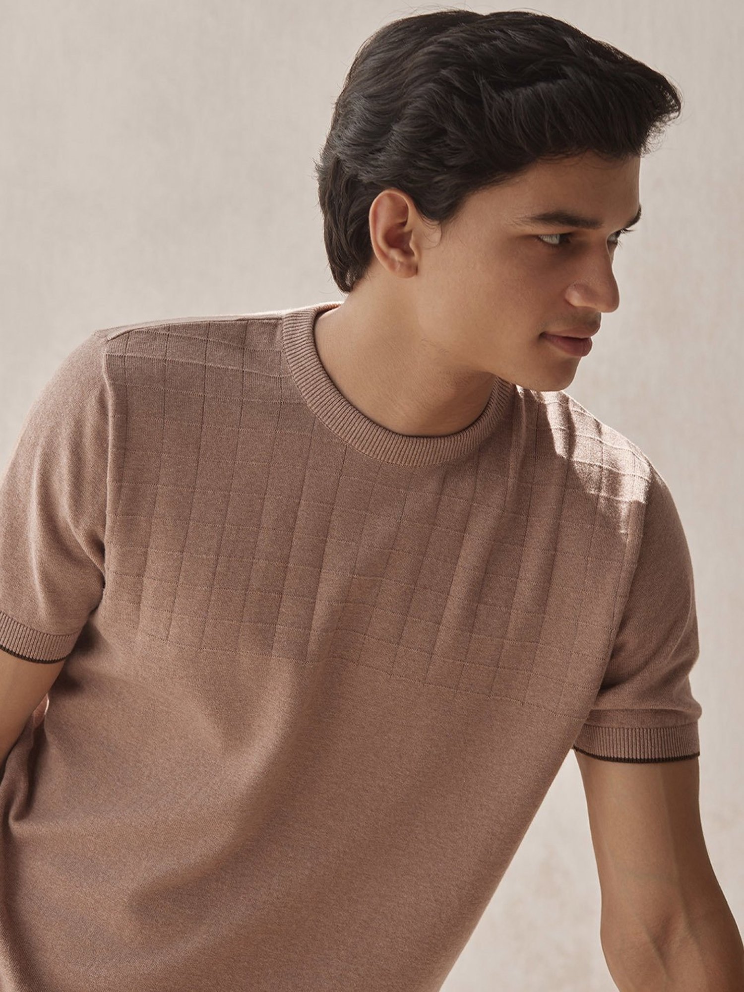 ANDAMEN Brown Regular Fit Textured Cotton Crew T-Shirt