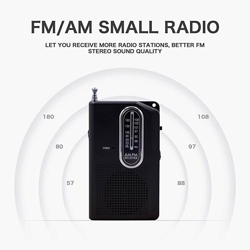 FM Portable Pocket Radio, Battery Operated Compact Transistor Radios with Great Reception, Built-in Speaker, Come with Headphone (Black)