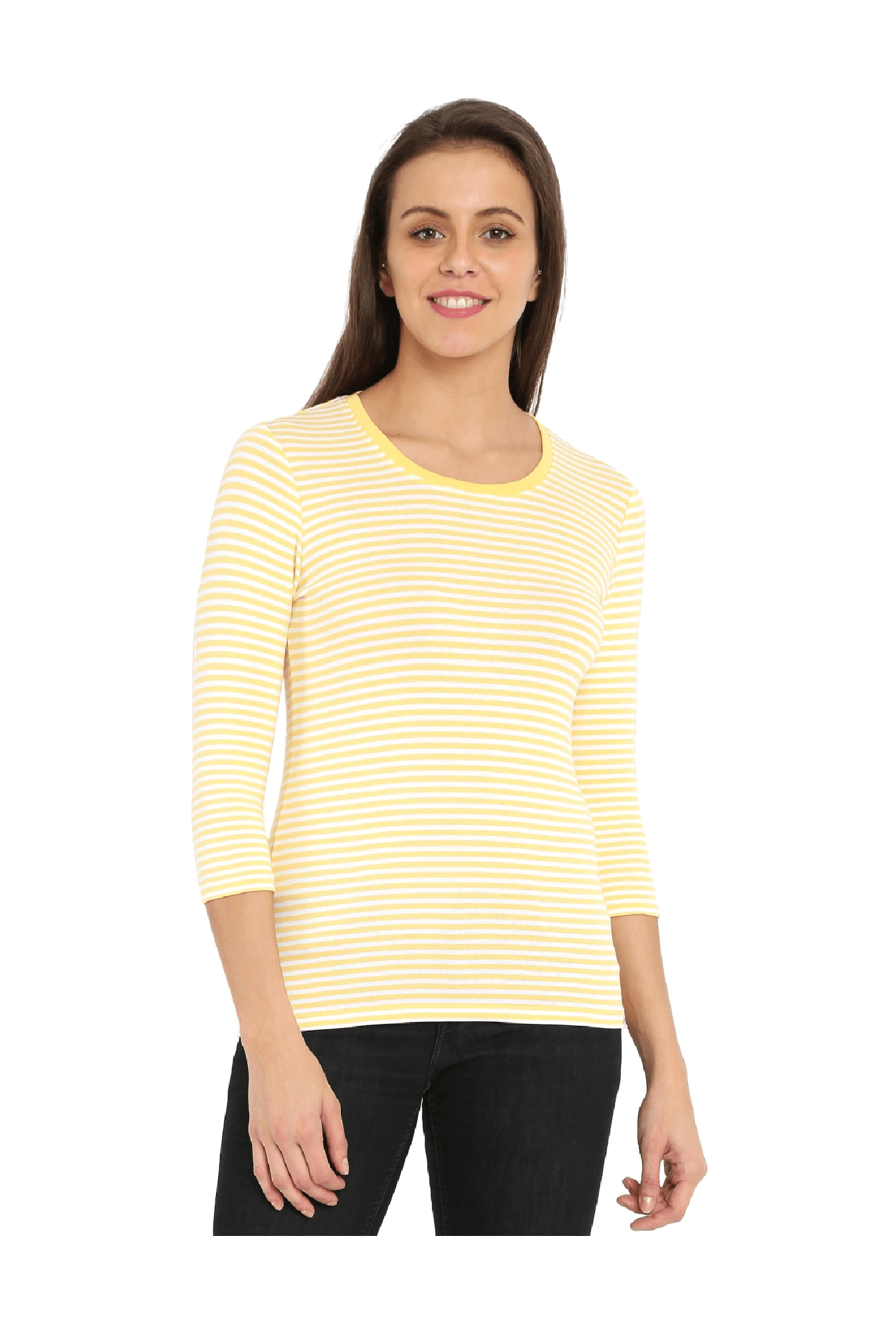 Jockey 1360 Women's Super Combed Cotton Elastane Slim Fit Striped Three Quarter Sleeve T-Shirt
