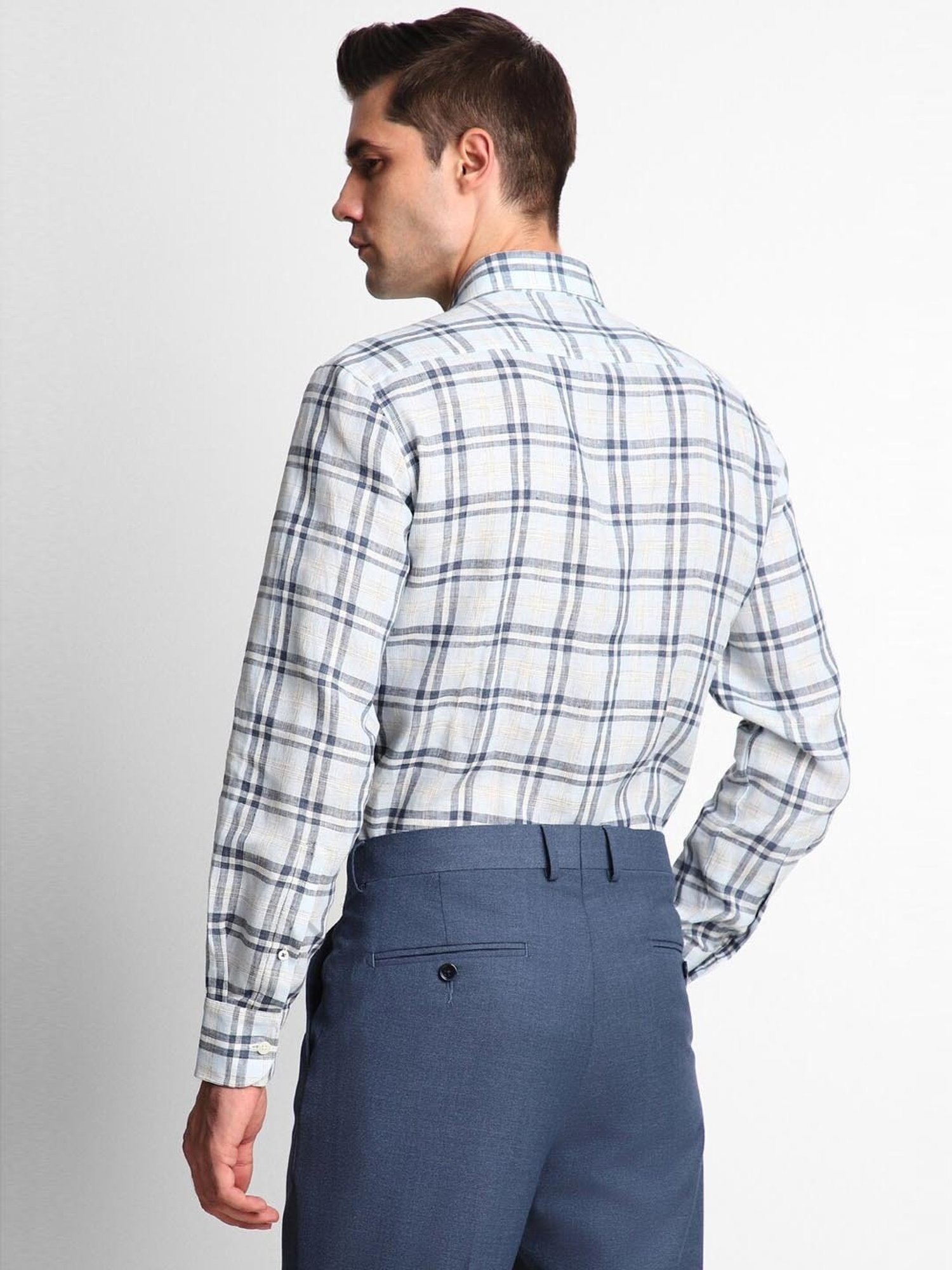 Luxure By Louis Philippe White Linen Regular Fit Checks Shirt