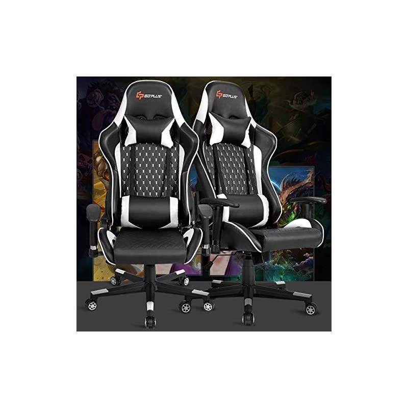 Massage Gaming Chair, Reclining Backrest Handrails and Seat Height Adjustment Racing Computer Office Chair, Ergonomic High Back Embroidered PU Swivel Game Chair with Headrest and Lumbar Cushion