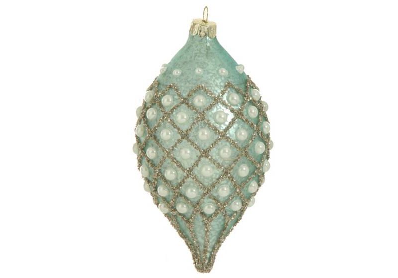 Raz Imports 4" Silent Luxury Aqua Blue Mercury Glass w/ Faux Pearls Christmas Finial Teardrop Ornament