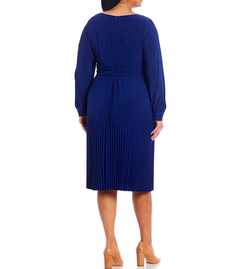 Jessica Howard Plus Size Long Sleeve Jewel Neck Ruched Pleat Skirt Midi Dress