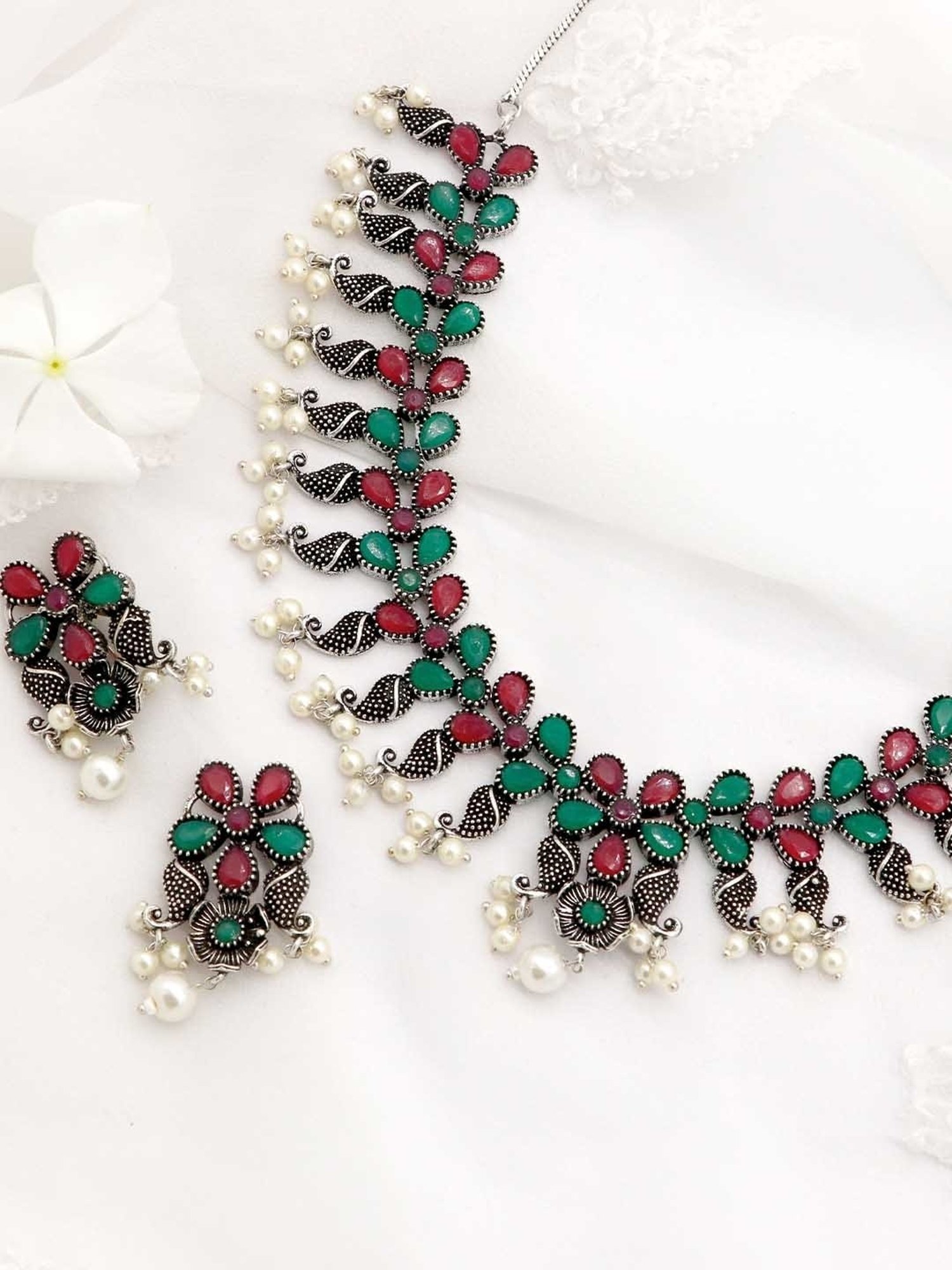 Teejh Ethnic Niranjana Multi Silver Oxidized Necklace Set for Women