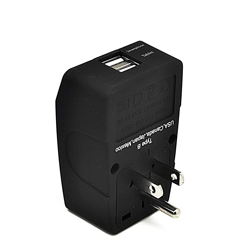 US Adapter Power Plug  EU European to USA American Socket Travel Outlet Grounded Universal Input Dual USB 4 in 1 Black Model GP45