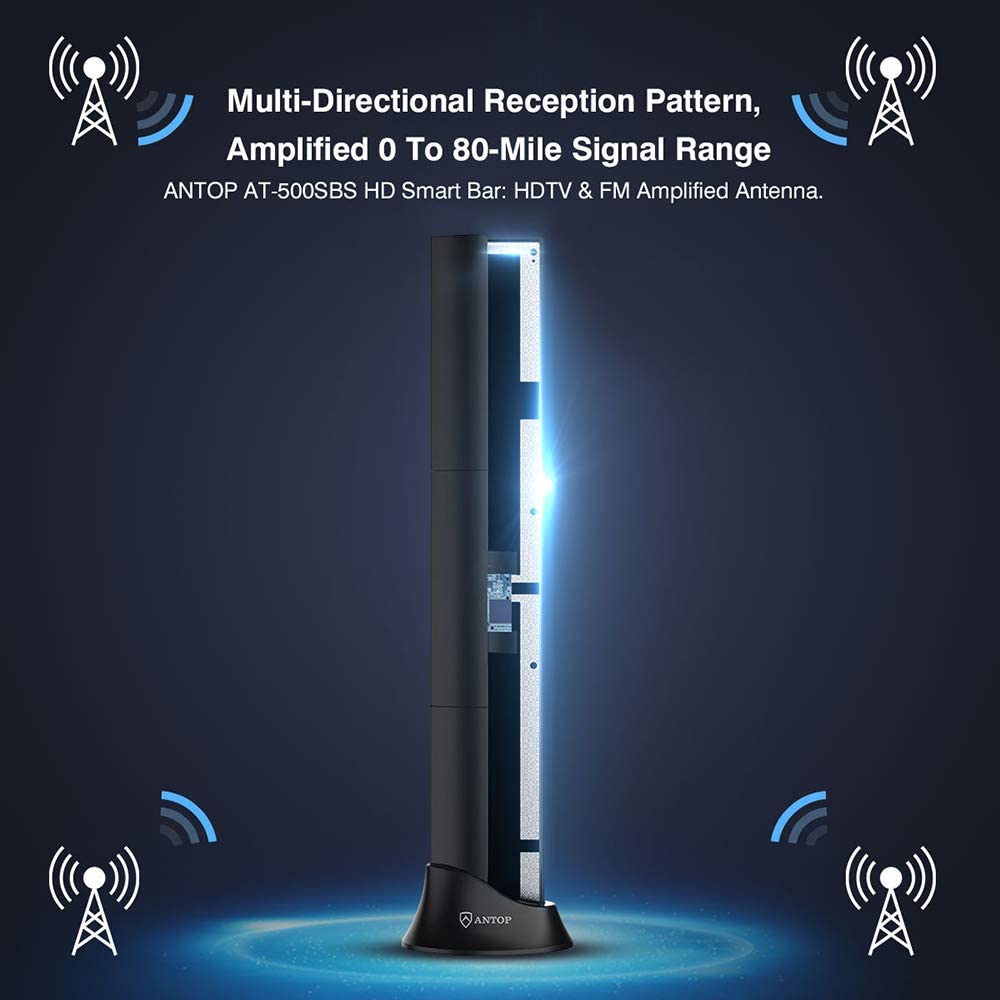 ANTOP AT-500SBS Black HD Smart BAR Amplified Indoor HDTV?FM Antenna with 80-Mile Range
