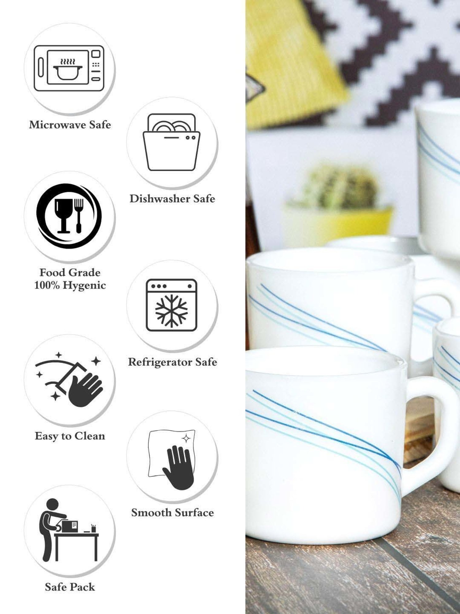 Cello White & Blue Glass Coffee Mug (0.1 L) - Set of 6