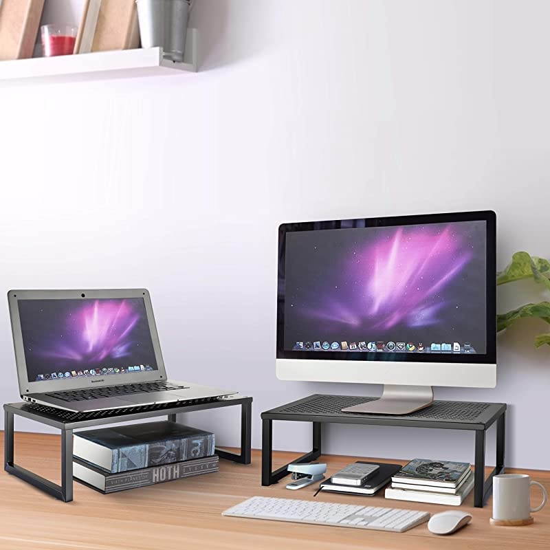 2 Pack  Monitor Stand Riser Metal Desk Organizer Stand with AntiSlip Suction Cup for Laptop Computer iMac Pc Printer Black