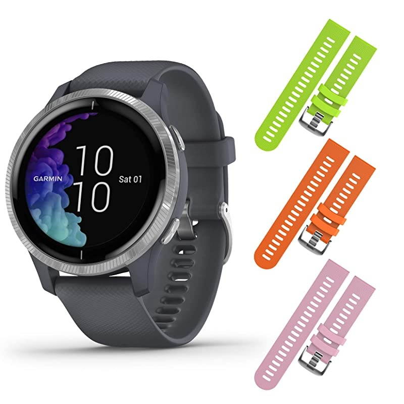 Garmin Venu GPS Smartwatch with AMOLED Display and Included  3 Straps Bundle (Granite Blue/Silver, Lime/Orange/Pink)