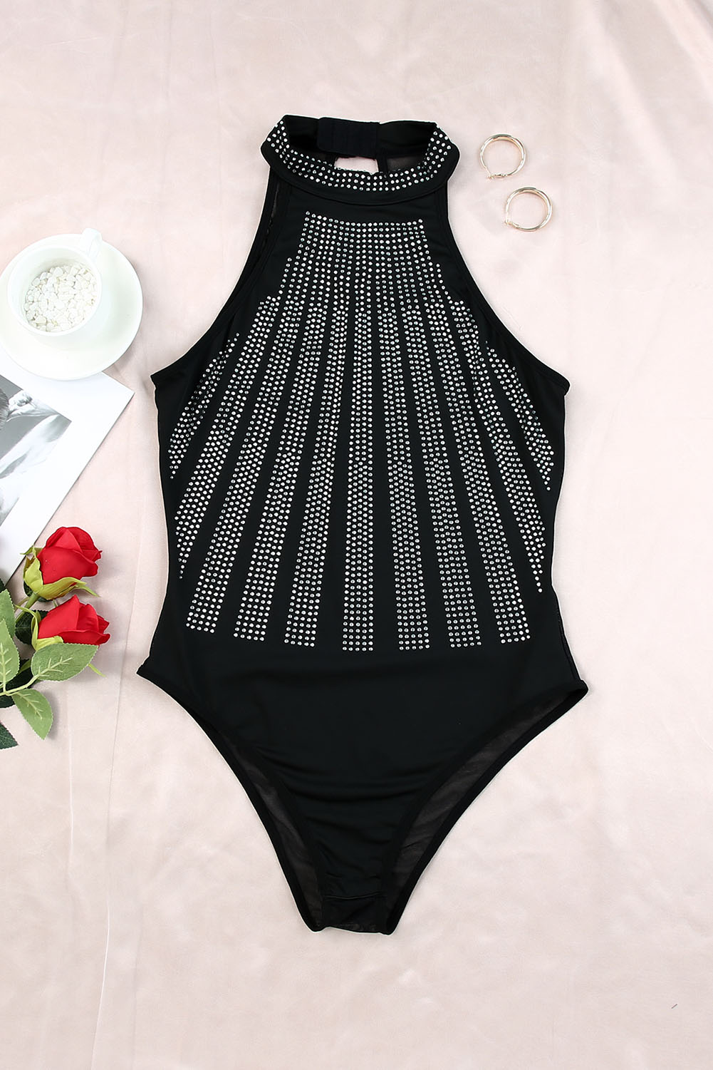 Black Ruffled Mesh Patchwork Slim Fit Bodysuit
