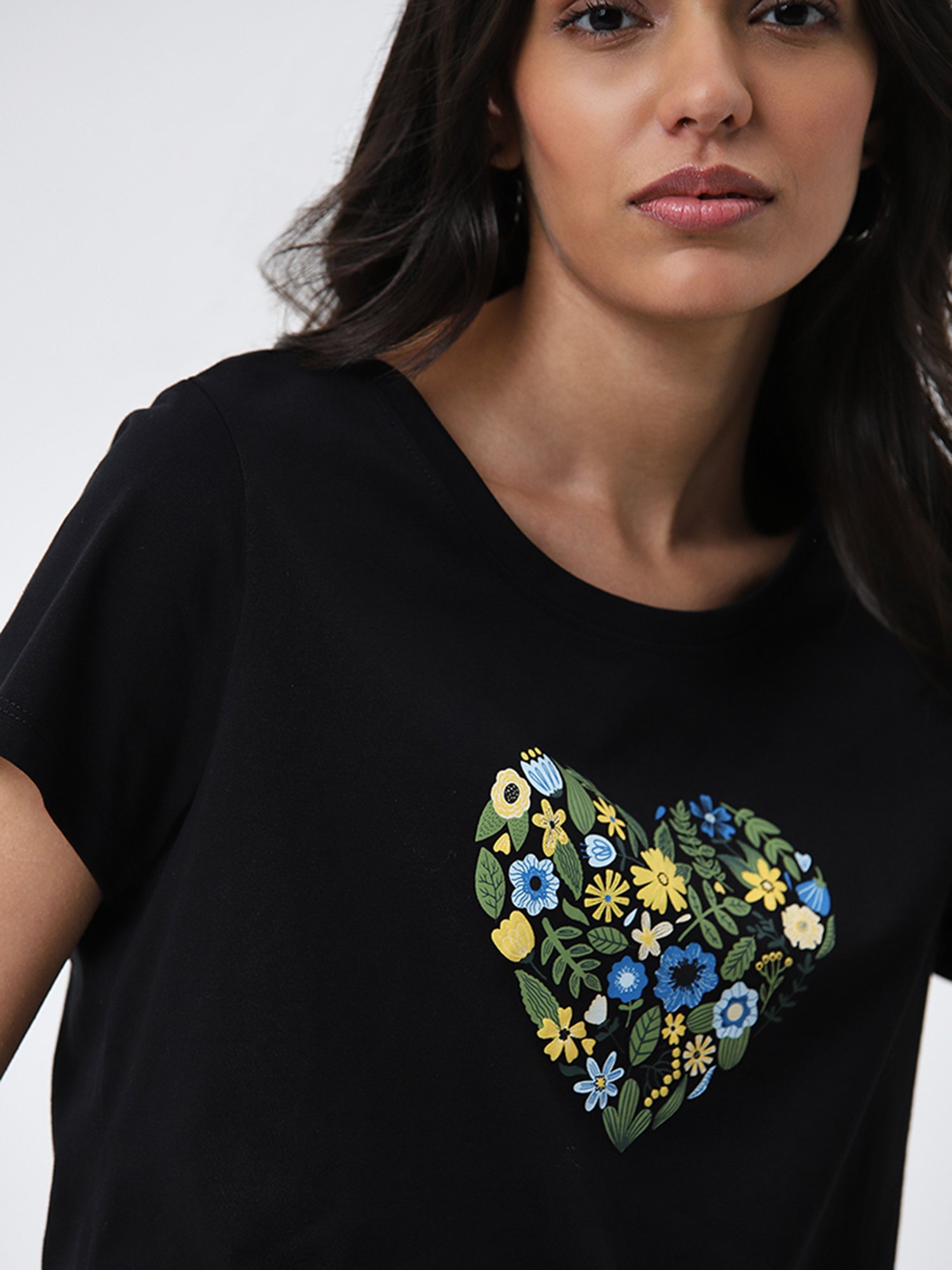LOV by Westside Black Floral Printed Cotton T-Shirt