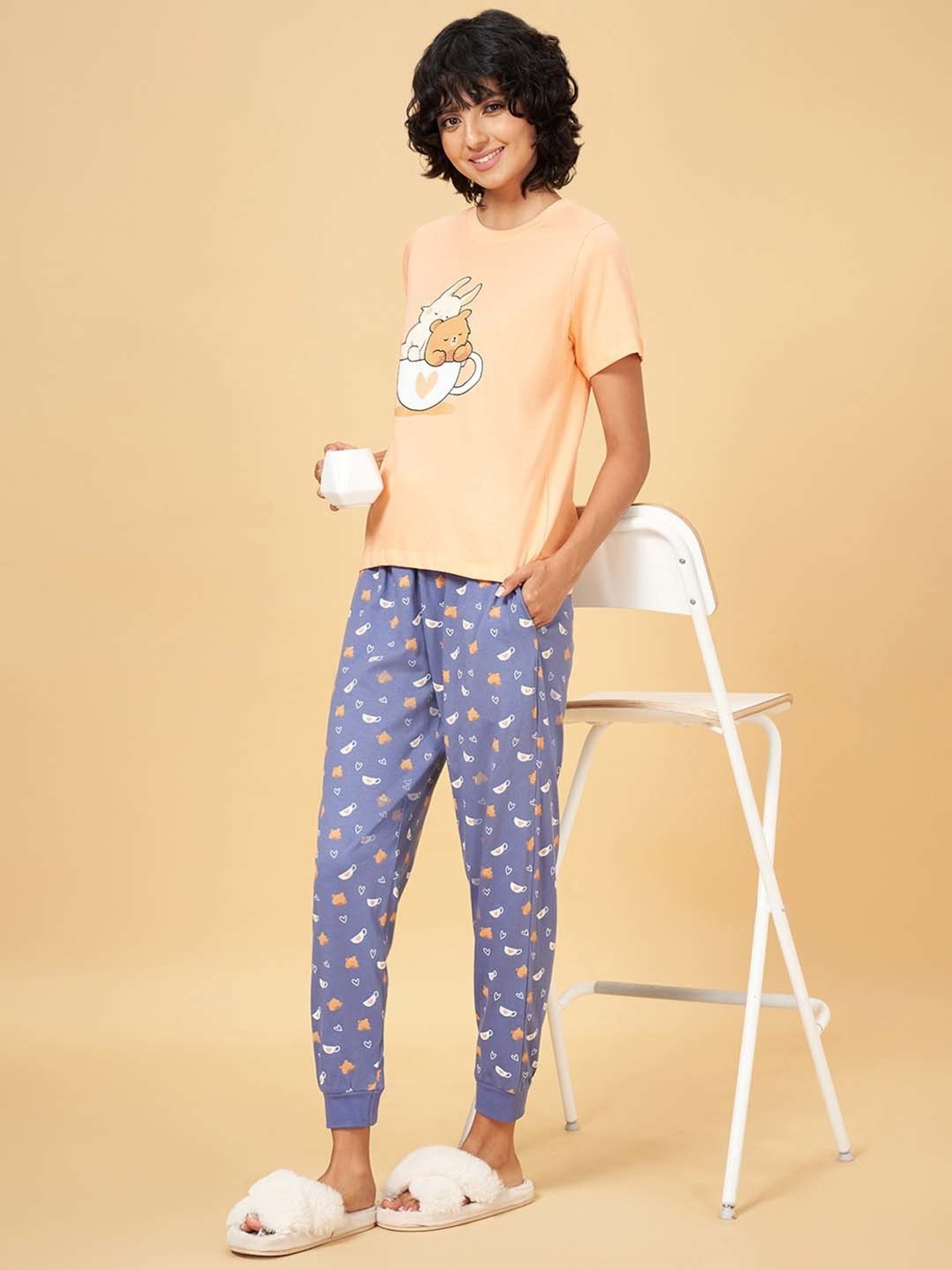 YU by Pantaloons Orange & Blue Cotton Printed T-Shirt Pyjamas Set