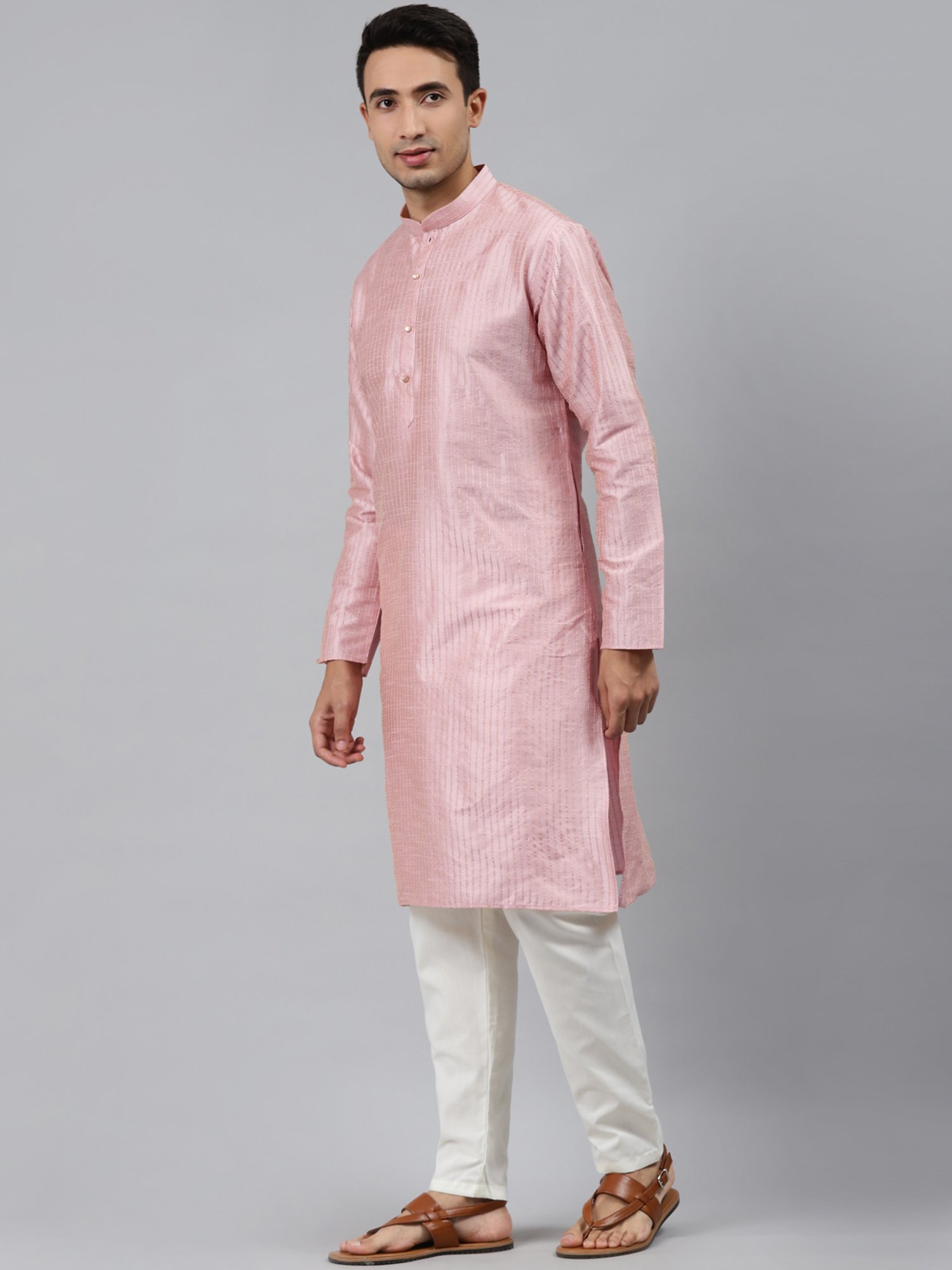 ManQ Pink Regular Fit Striped Ethnic Wear