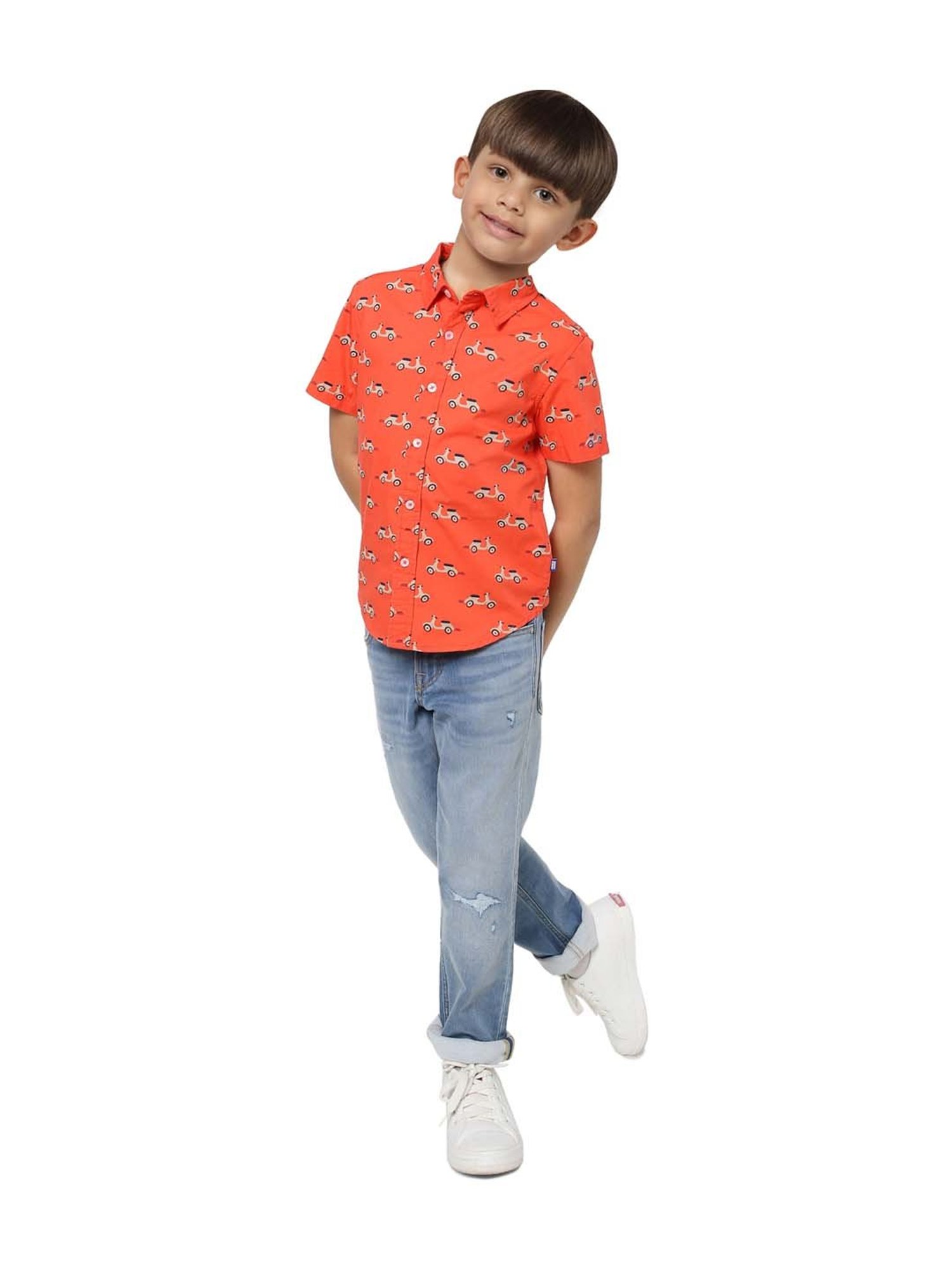 Jack & Jones Junior Boys Orange  Cotton Printed Shirt