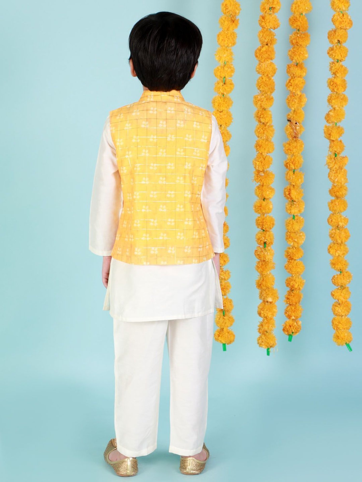 Lil Drama Kids White with Yellow Printed Full Sleeves Kurta, Jacket with Pyjamas