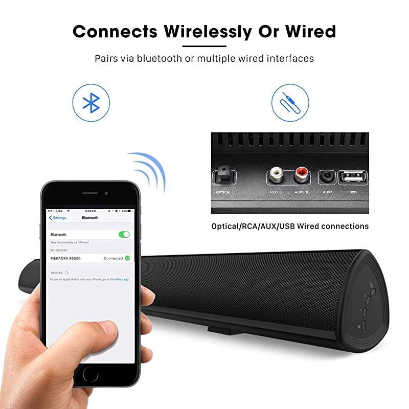 BESTISAN TV Sound Bar with Dual Bass Ports Wired and Wireless Bluetooth 50 Home Theater System 28 Inch Enhanced Bass Technology 3Inch Drivers Bass Adjustable Wall Mountable Dsp