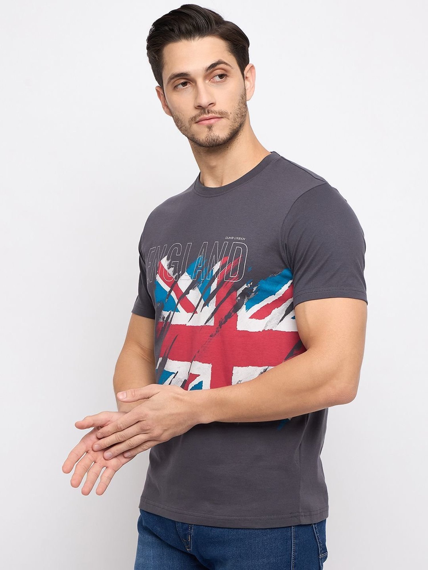 Duke Graphite Grey Slim Fit Printed T-Shirt