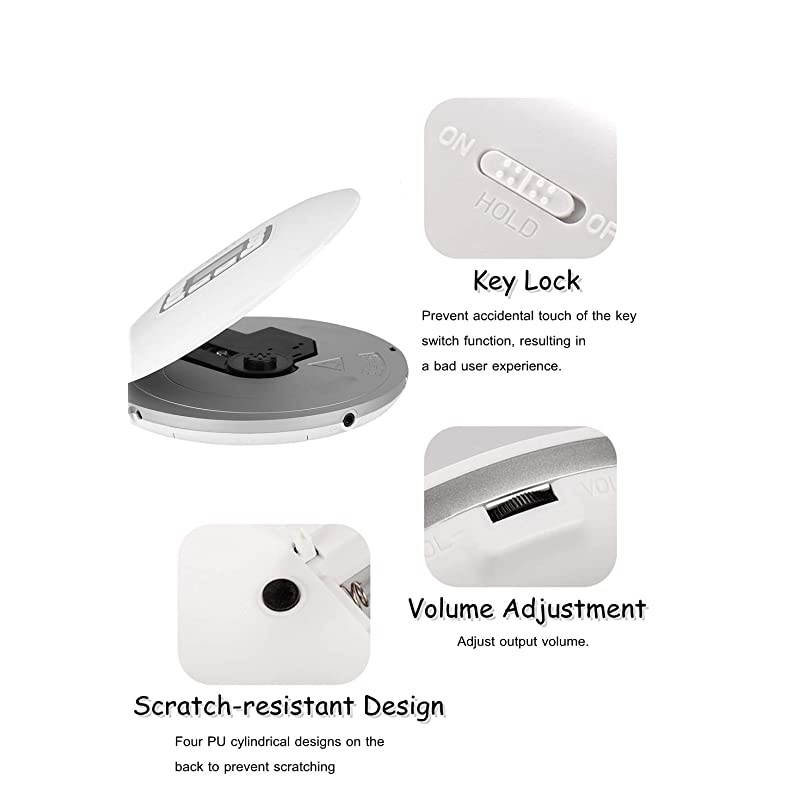 Portable CD Player HOTT Shockproof Wireless Bluetooth Personal Compact Disc Player Rechargeble HiFi Stereo CD Walkman Music Player with Earphones for Home Office SchoolWhite