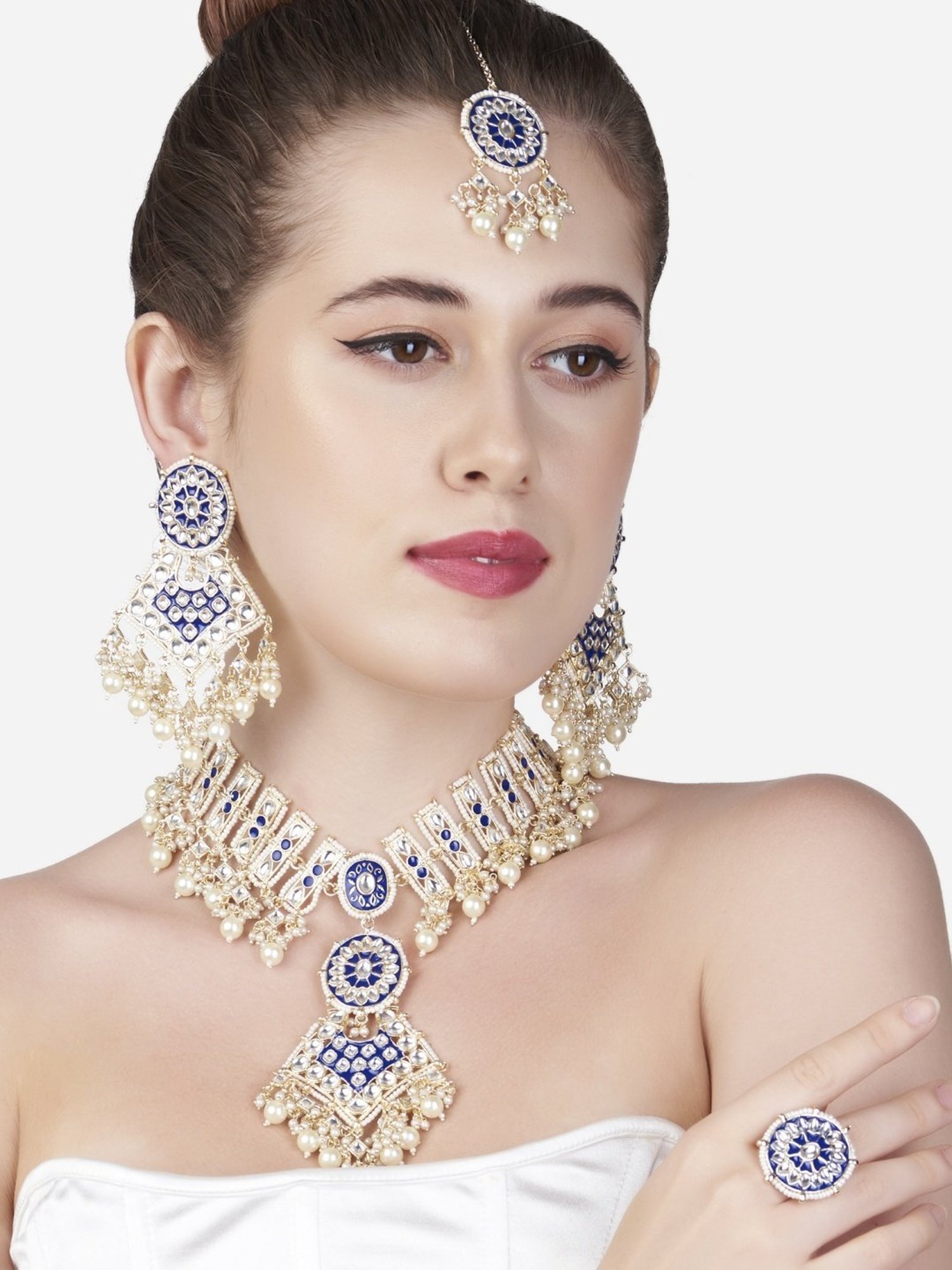 Zaveri Pearls Blue Meenakari Dazzling Kundan Necklace, Earring, Maangtikka & Ring Set