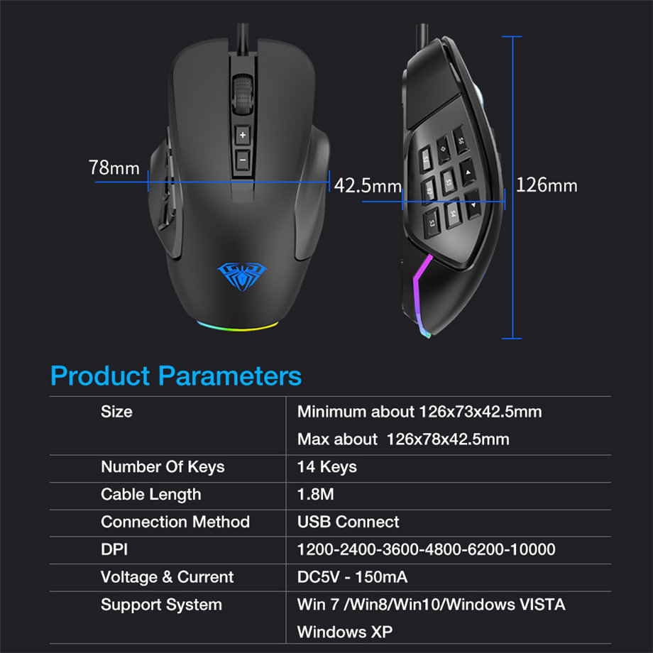 AULA RGB Gaming Mouse with Side Buttons Macro Programming 10000 DPI Adjustable 14 Key Wired USB Backlit Mouse for Desktop Laptop - H510 White