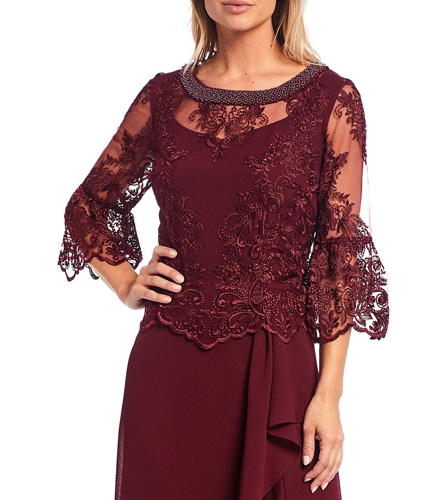 Le Bos A-Line 3/4 Bell Sleeve Lace Popover Cascade Long Gown