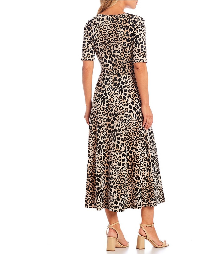Preston & York Sydney Leopard Print Knit V-Neck Short Sleeve Midi Dress