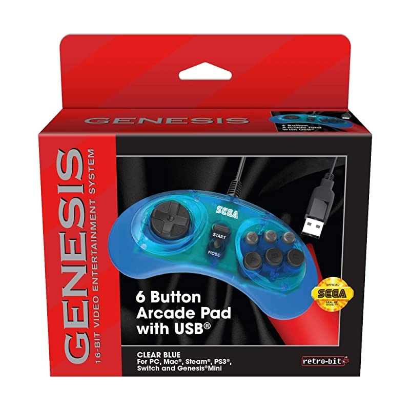 Official Sega Genesis USB Controller 6-Button Arcade Pad for Sega Genesis Mini, PS3, PC, Mac, Steam, Switch - USB Port - (Clear Blue)