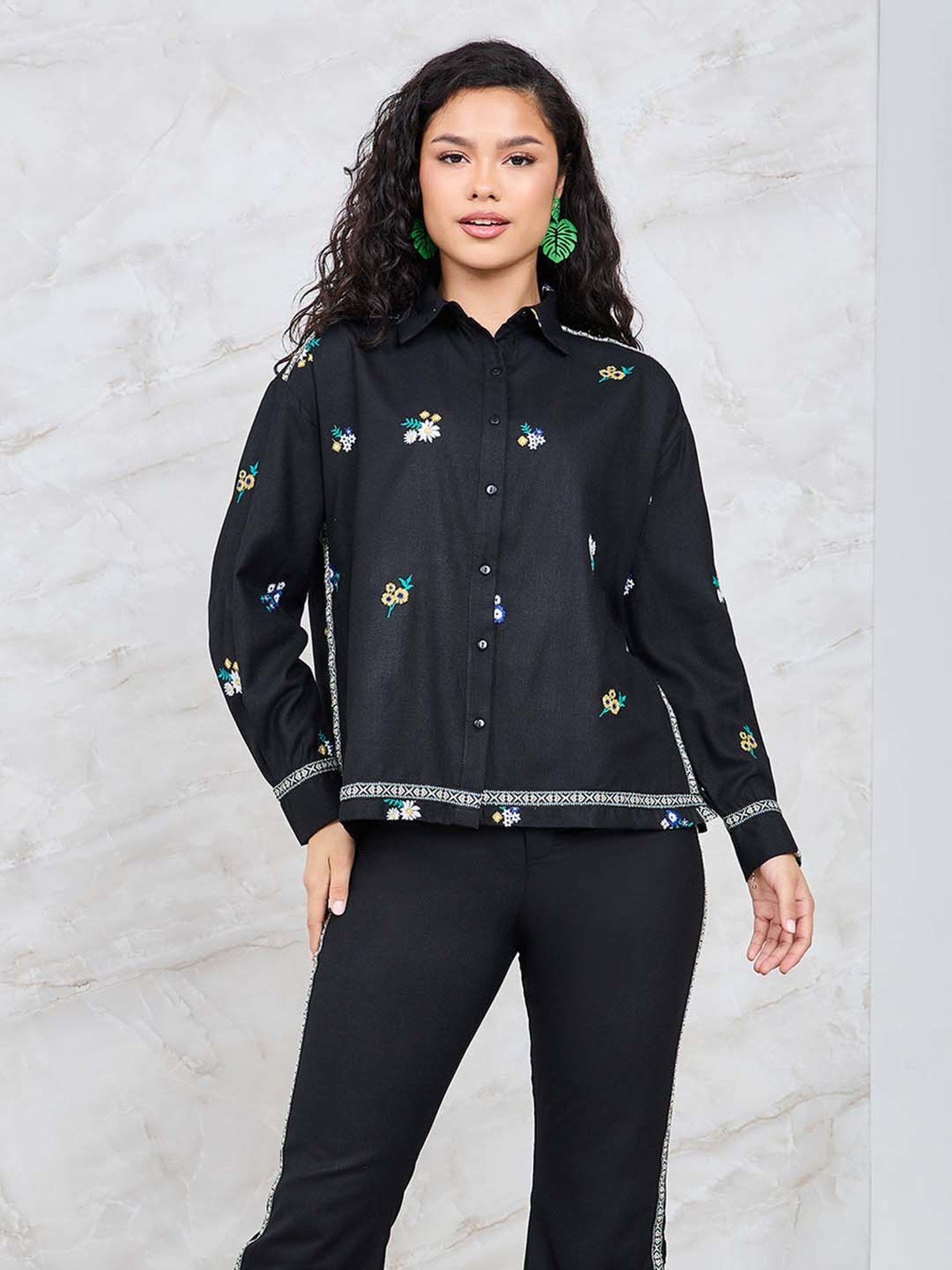 Styli Black Embroidered Shirt Pants Set