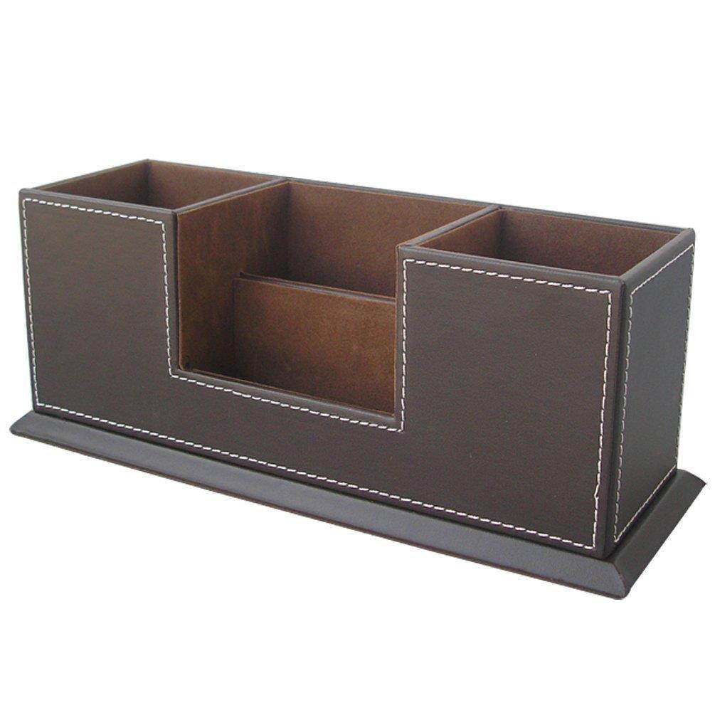 KINGFOM&trade; Double Holder Wood Leather Multi-Function Desk Stationery Organizer Dark Brown