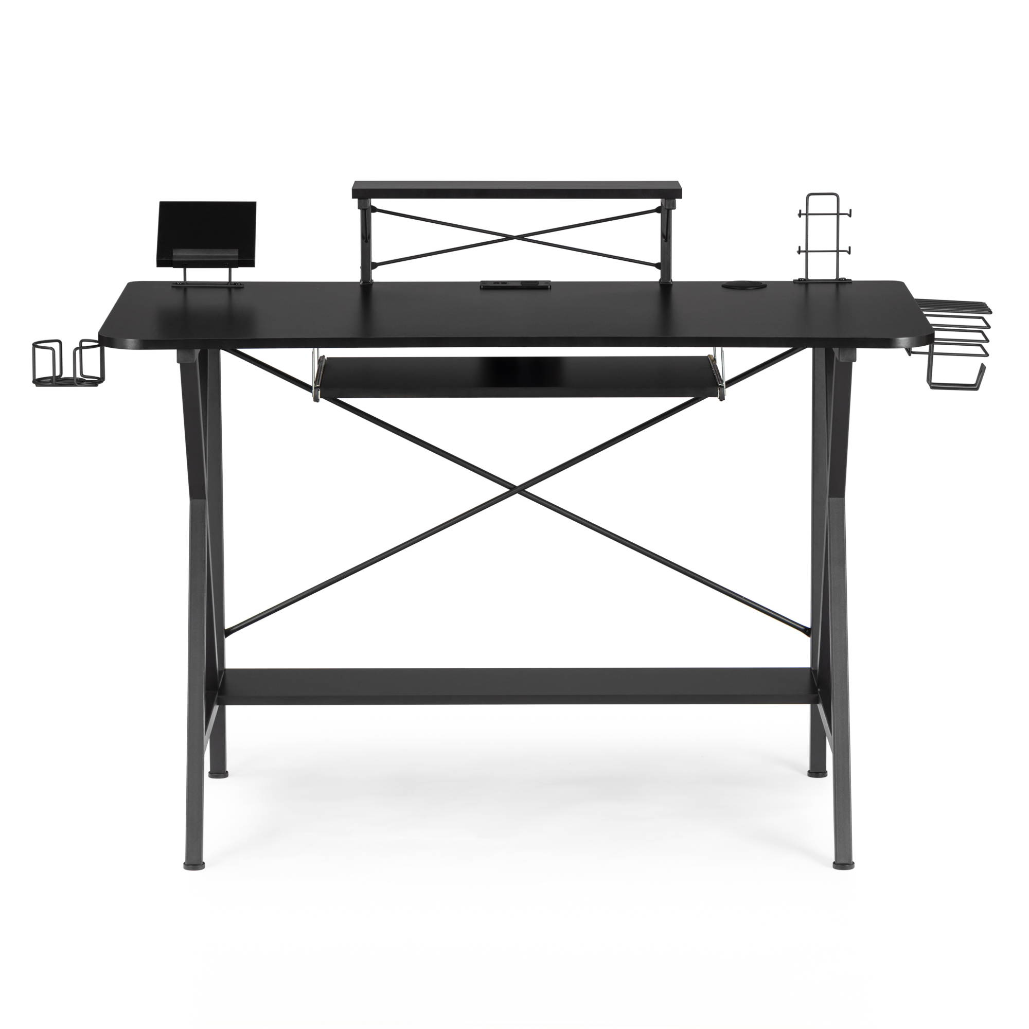 47" Gaming Desk Table E-Sports Computer Desk with PC Stand Shelf Keyboard stand Power Strip with USB Cup Holder & Headphone Hook Home Office Desk Gamer Desk Writing Table Carbon Fiber Coated Black