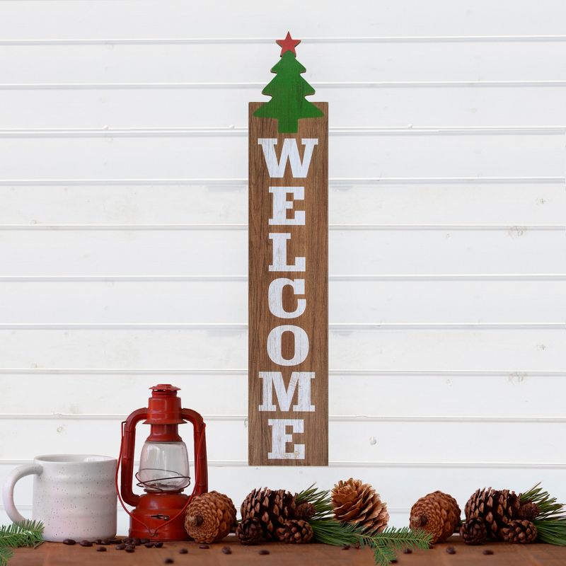 Northlight 31.5" Green Christmas Tree and Red Star Tall Wooden Welcome Sign