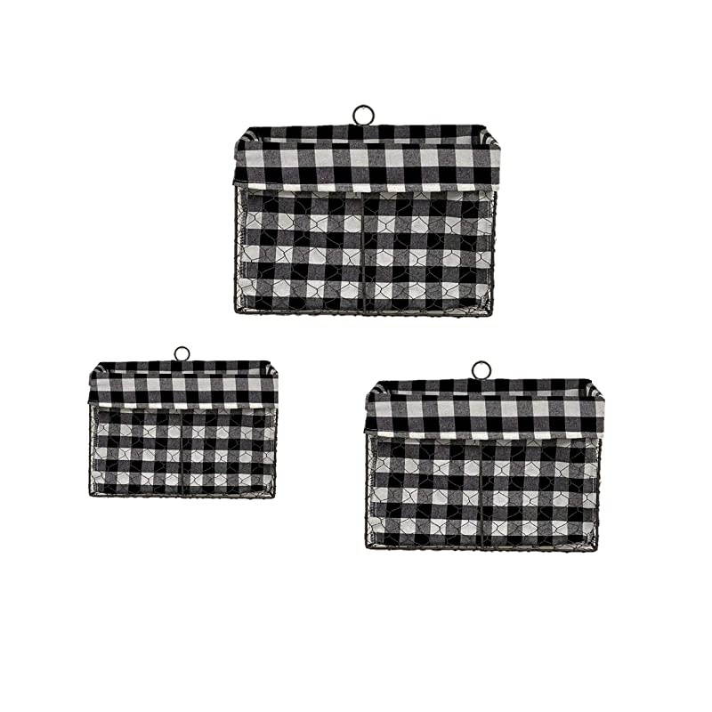 SET OF 3 Farmhouse Wall Mount Wire Baskets Liner Set Home and Kitchen Storage (Farmhouse Wall Baskets - Black & White Checkered)