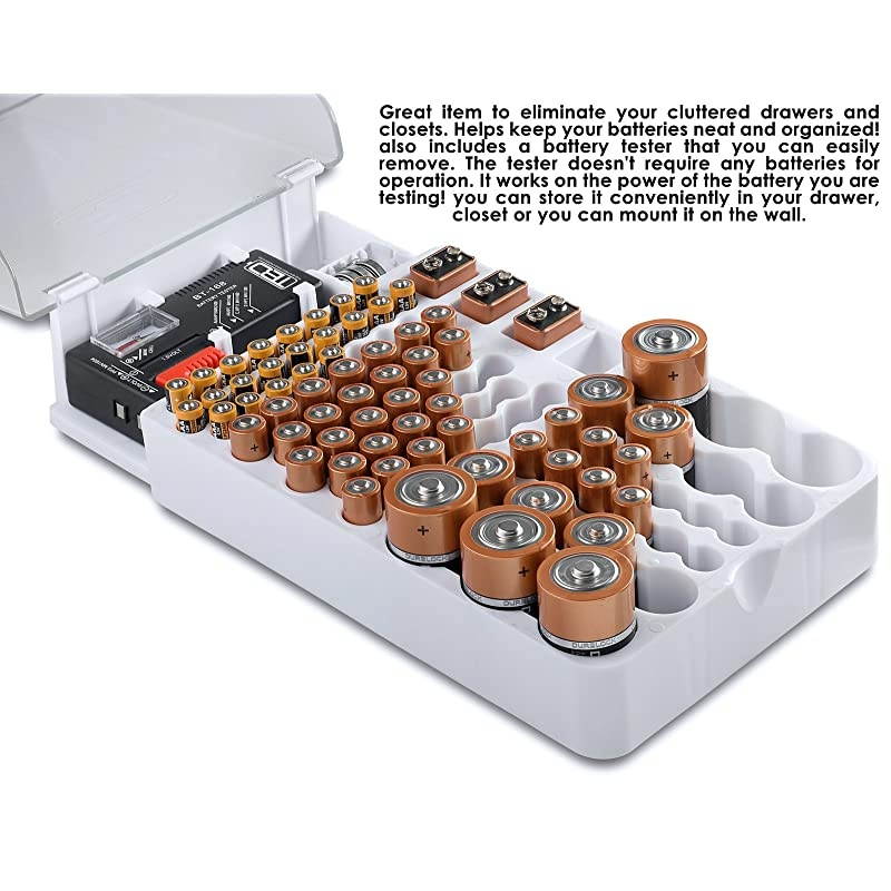 Storage Case with Hinged Clear Cover, Includes a Removable Battery Tester, Holds 93 Batteries Various Sizes