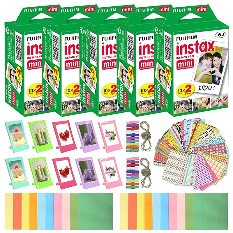 Instax Mini Instant Film 5 Pack 100 Sheets 10 Plastic Desk Frames + 20 Paper Frames Plus 60 Sticker Frames