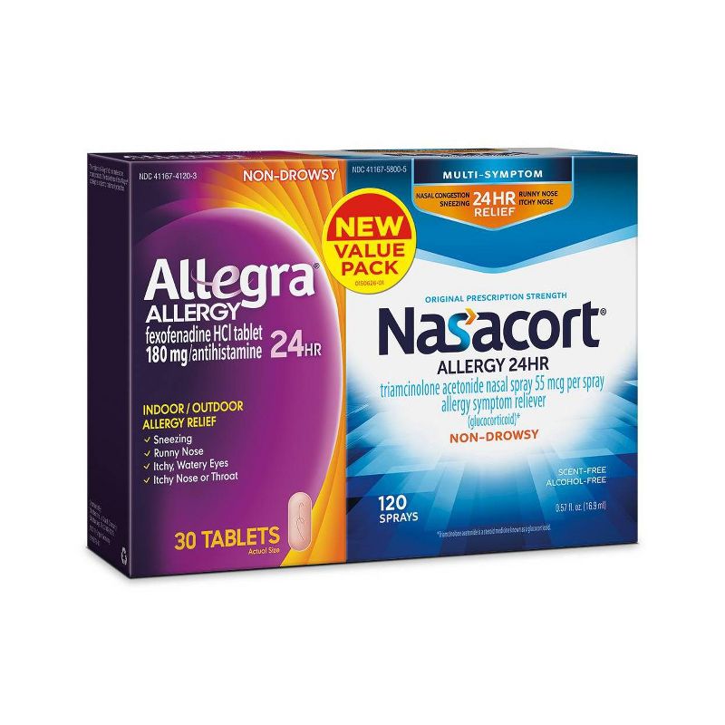 Allegra Fexofenadine Allergy Tablets and Nasacort Triamcinolone Acetonide Nasal Spray Combo Set - 2pk