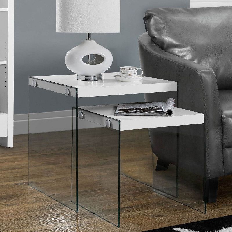 Monarch Specialties Tempered Glass Accent 2-Pc. Nesting End Tables, Glossy White